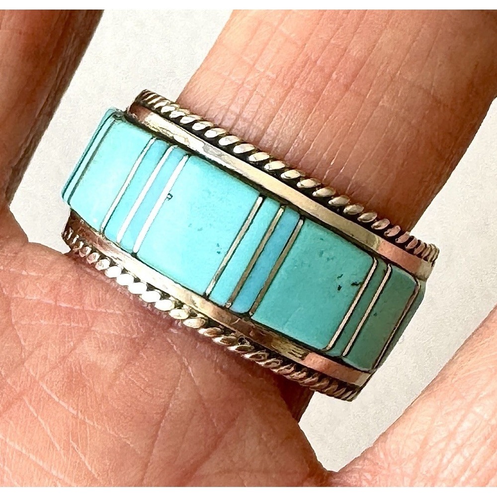 Mens Navajo Wedding Band 12 Ring Turquoise 12mm Inlay Signed Panteah Native Amer